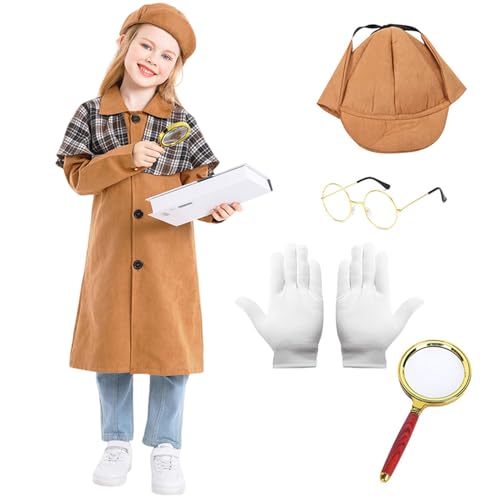 Raveparty Detektivkostüm für Kinder, Detektivkostüm mit Hut, Brille, Lupe, Handschuhe für Jungen und Mädchen, Welttag des Buches, Cosplay-Party (Braun, S) von Raveparty