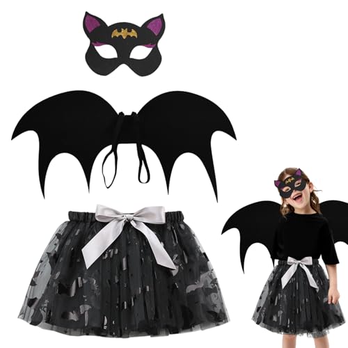 Raveparty Fledermaus-Kostüm für Kinder, Mädchen, Fledermaus-Kostüm mit Augenmaske, Flügeln, Rock für Mädchen, Welttag des Buches, Karneval, Halloween (schwarz) von Raveparty