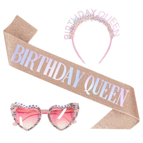 Raveparty Geburtstag Schärpe für Frauen, Geburtstag Königin Schärpe Brille Stirnband, Happy Birthday Zubehör für Frauen (Queen) von Raveparty