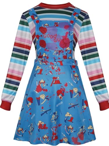 Raveparty Gruseliges Puppenkostüm für Damen, Killerpuppen-Kostüm für Damen, Halloween-Kostüme mit Kunststoffmesser für Halloween-Party (Blau, XL) von Raveparty