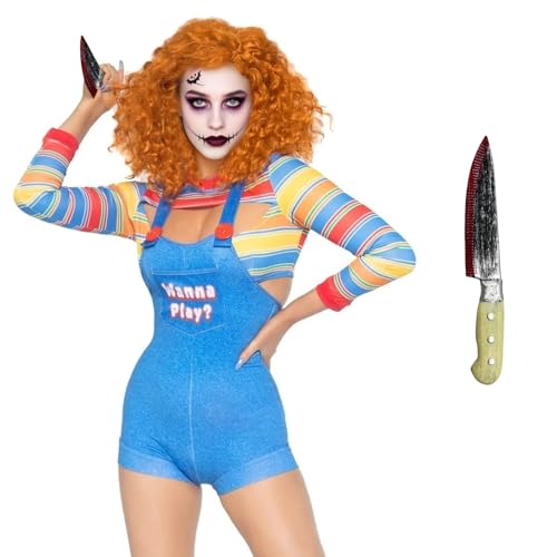 Raveparty Gruseliges Puppenkostüm für Damen, Killerpuppen-Kostüm für Damen, Halloween-Kostüme mit Kunststoffmesser für Halloween-Party für Erwachsene, Blau, Größe XL von Raveparty