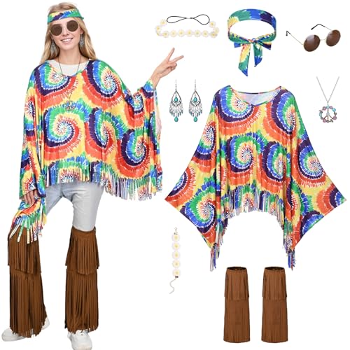 Raveparty Hippie Kostüm, Poncho Set, Accessoires, 60er 70er Jahre Bekleidung, Flower Power Kleidung Damen, Karneval Faschingskostüme (Style A, S) von Raveparty