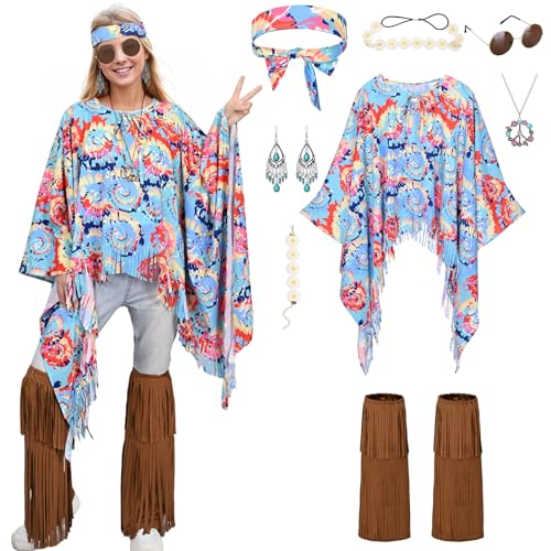 Raveparty Hippie Kostüm, Poncho Set, Accessoires, 60er 70er Jahre Bekleidung, Flower Power Kleidung Damen, Karneval Faschingskostüme (Style B, M) von Raveparty