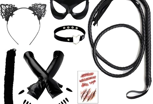 Raveparty Katzenkostüm für Damen, Katzenfrau Zubehör, Verkleidung mit Maske, Handschuhen, Schwanz, Halloween, Katzenkostüme, Erwachsene Frauen von Raveparty