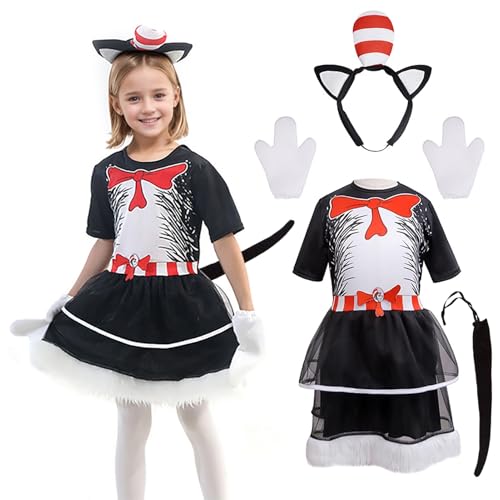 Raveparty Katzenkostüme für Kinder, Katzenkostüm für Mädchen, Katzenkostüm mit Stirnband, Kleid, Handschuhen, Schwanz für Mädchen, Welttag des Buches, Cosplay-Party (Schwarz, L) von Raveparty