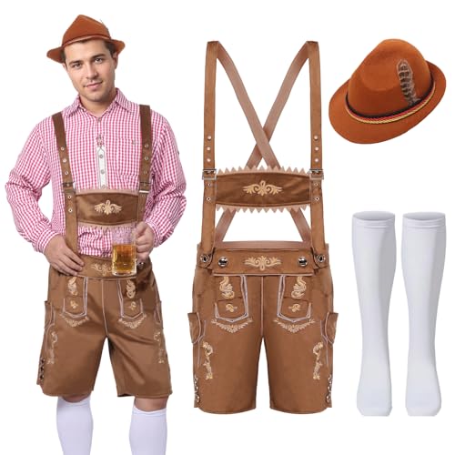 Raveparty Oktoberfest Herren Outfit, Lederhose Herren Tracht Set, Deutsch Bayern Oktoberfest Kostüm Set mit Abnehmbarem Lätzchenträger, Kniesocken und Bayerischen Filzhüte (Style B, 2XL) von Raveparty