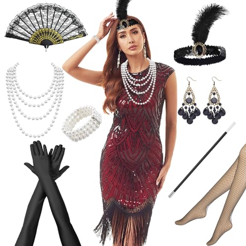 Raveparty Pailettenkleider Damen, Fransenkleid, 20iger Jahre Outfit Damen, 1920er Accessoires Damen, Great Gatsby Accessoires Damen, Charleston Kleid 20er Jahre, Karneval Faschingskostüme von Raveparty