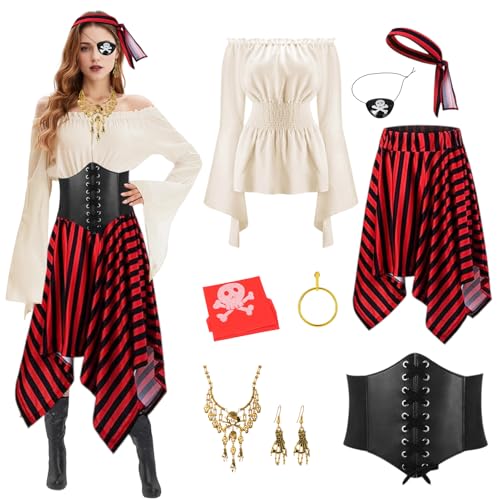 Raveparty Piratenkostüm Damen Kleid, Piratin Kostüm Mittelalter KostümDamen mit Partyhalstuch Zubehör, Faschingskostüme für Halloween, Karneval (Style B, M) von Raveparty
