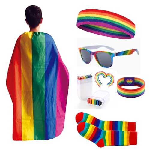 Raveparty Pride Accessories, Regenbogen-Accessoires mit Pride Cape Stirnband Sonnenbrille Armband Gesichtsbemalung Socken für Erwachsene Frauen Männer Raveparty Pride Accessories, Regenbogen-Accessoires mit Pride Cape Stirnband Sonnenbrille Armband Gesichtsbemalung Socken für Erwachsene Frauen Männer von Raveparty