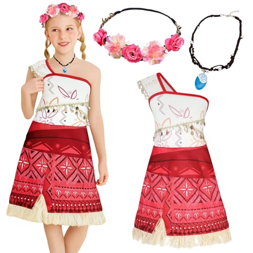 Raveparty Prinzessinnenkleid für Mädchen, Ozeanprinzessin, Mädchenkostüm mit Halskette, Kranz für Kinder, Mädchen, Cosplay-Party, Urlaub am Meer (Rot, 120) von Raveparty