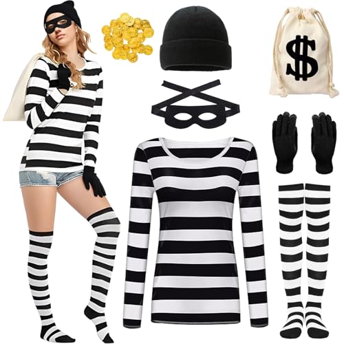Raveparty Räuber-Kostüm für Kinder, Einbrecher-Kostüm, Dieb-Kostüme mit Beutel, Räubermaske, Hut für Jungen und Mädchen, Weltbuchtagskostüme (Damen, XL) von Raveparty