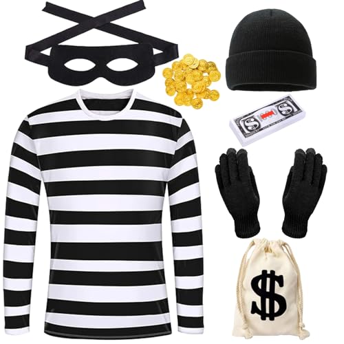 Raveparty Räuber-Kostüm für Kinder, Einbrecher-Kostüm, Dieb-Kostüme mit Beutel, Räubermaske, Hut für Jungen und Mädchen, Weltbuchtagskostüme (Herren, M) von Raveparty