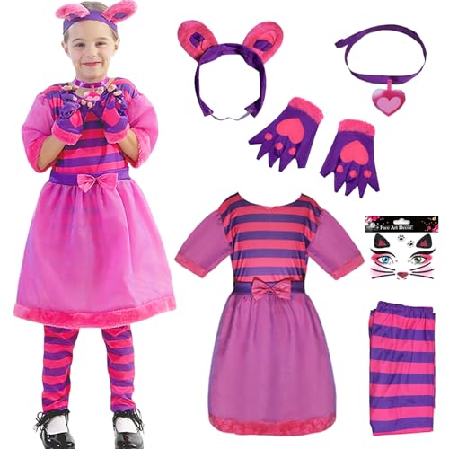 Raveparty Rosa Katzenkostüm für Kinder, Mädchen, rosa Katzenkostüm mit Stirnband, Handschuhen, Socken, Halskette, Gesicht, Diamant, für Welttag des Buches, Karneval, Halloween (Rosa, M) von Raveparty