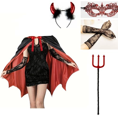 Raveparty Rotes Teufelskostüm für Damen, Teufelskostüm, Hörner, Umhang und Schwanz, Halloween-Kostüme für Damen (Stil A) von Raveparty
