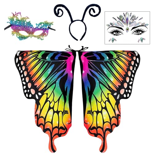 Raveparty Schmetterling Kostüm Damen, Faschingskostüme Damen Schmetterling, Schmetterling Rock Damen,Damen Schmetterlingsflügel mit Schmetterling Mask und Tattoo, für Party Weihnachten Maskerade von Raveparty