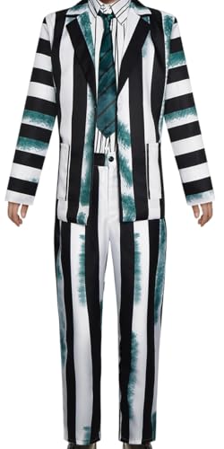 Raveparty Schwarz-weiß gestreifter Anzug für Herren, Halloween-Kostüm für Herren, Halloween-Kostüm mit Perücke, Gesichtsfarbe für Erwachsene, Herren, Party-Kostüm (Schwarz-Weiß, Größe 2XL) von Raveparty
