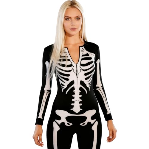 Raveparty Skelett-Kostüm für Damen, Skelett-Einteiler für Damen, Skelett-Body, Overall, Kostüm für Halloween-Party (Stil B, S) von Raveparty
