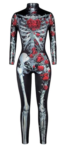 Raveparty Tag der Toten Kostüme für Damen, Skelettkostüm Damen, Halloween-Kostüme mit Overall, Tag der Toten, Stirnband, Gesichtstattoo für Halloween-Kostüm (Stil A, M) von Raveparty