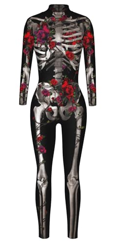Raveparty Tag der Toten Kostüme für Damen, Skelettkostüm Damen, Halloween-Kostüme mit Overall, Tag der Toten, Stirnband, Gesichtstattoo für Halloween-Kostüm (Stil B, XL) von Raveparty