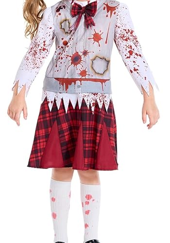 Raveparty Zombie-Schulmädchen-Kostüm, Zombie-Kostüm, Schulmädchen-Halloween-Kostüme mit blutbefleckten Socken für Halloween-Party (Rot, S) von Raveparty
