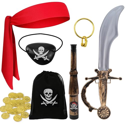 Raxfekro Piratenkostüm Kinder 7-Teiliges Set, Unisex Kids Kostüm Pirat, Geeignet für Kinder, Die An Karneval in Die Rolle Eines Piraten Schlüpfen von Raxfekro