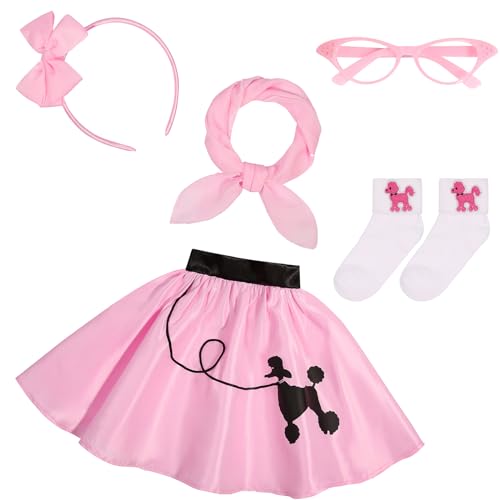 Rayekrot 50er Jahre Kostüm für Mädchen, rosa Pudelrock der 50er Jahre mit Brille, Schal, Stirnband, Socken, Halloween-Kostüm für Kinder (8-10 Jahre) von Rayekrot