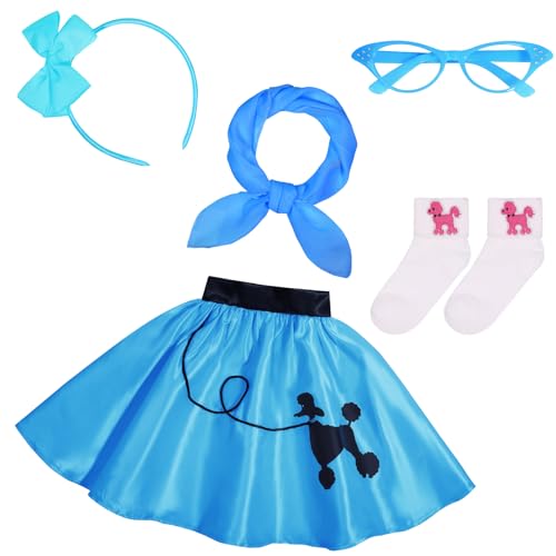 Rayekrot 50er Jahre Kostüme für Mädchen 1950er Jahre Rosa Pudel Rock Set mit Brille Schal Stirnband Socken (Blau, 8-10 Jahre) von Rayekrot