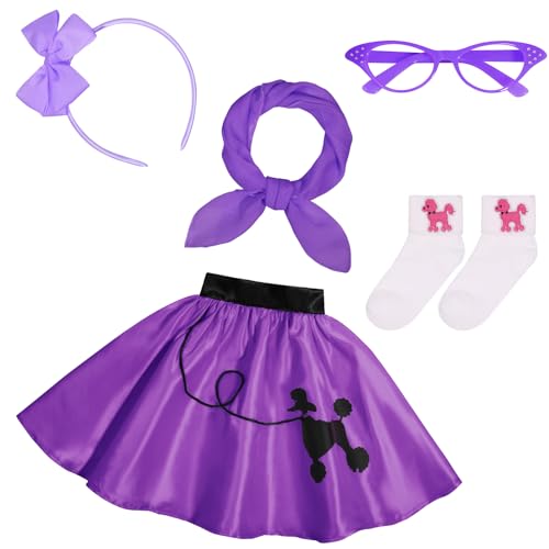 Rayekrot 50er Jahre Kostüme für Mädchen 1950er Jahre Rosa Pudel Rock Set mit Brille Schal Stirnband Socken (Lila, 6-8 Jahre) von Rayekrot