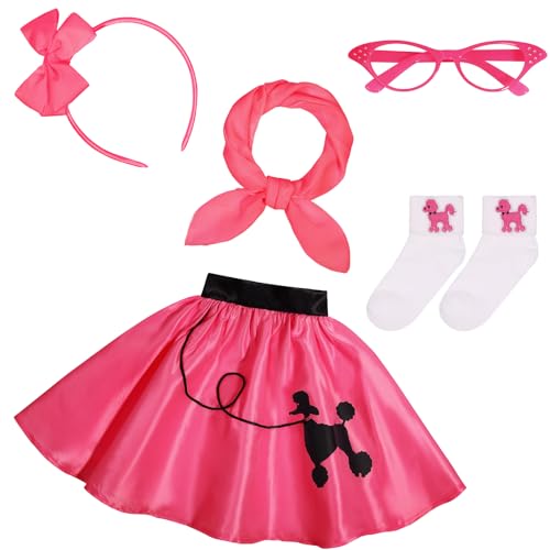Rayekrot 50er Jahre Kostüme für Mädchen 1950er Jahre Rosa Pudel Rock Set mit Brille Schal Stirnband Socken (Rose, 4-6 Jahre) von Rayekrot