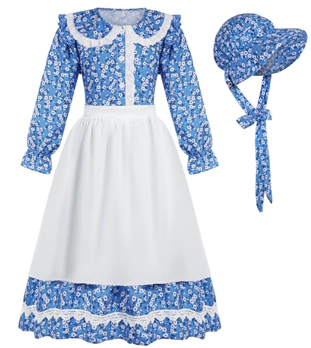 Rayekrot Pionier-Kostüm für Mädchen, Kolonial-Kostüm für Mädchen, Blumenwiese Kleid mit Haube, Blau (7-8 Jahre) von Rayekrot