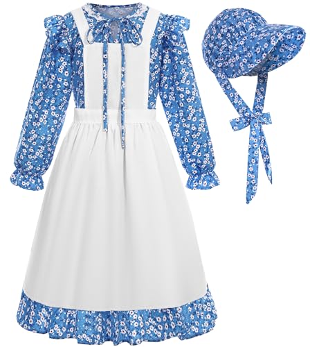 Rayekrot Pionier-Kostüm für Mädchen - Kolonialkostüm - Blumenwiese Kleid mit Haube, blau (5-6 Jahre) von Rayekrot