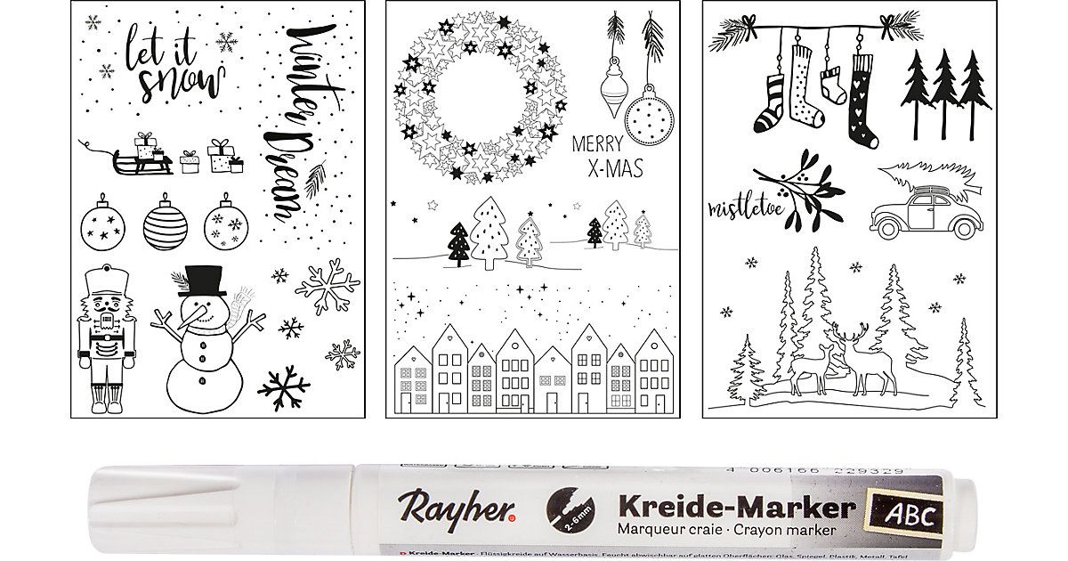 Fenster Malvorlagen Winter & Weihnachten, 3 Vorlagen + 1 Kreidemarker weiß/beige Fenster Malvorlagen Winter & Weihnachten, 3 Vorlagen + 1 Kreidemarker weiß/beige von Rayher