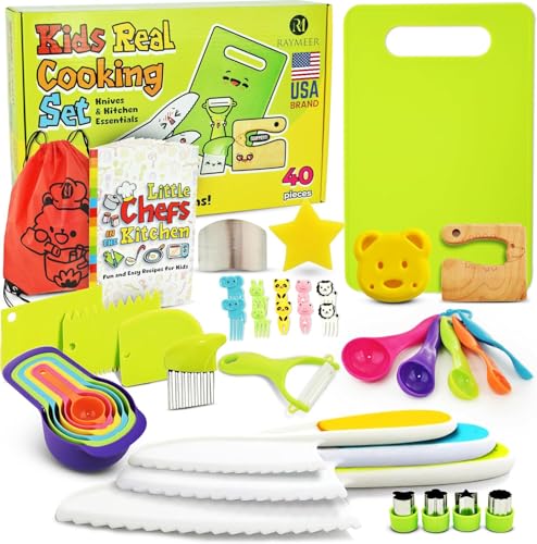 40-teiliges Kindermesser-Set für echtes Kochen – Montessori-Küchenwerkzeuge für Kleinkinder – sichere Küchenwerkzeuge und Zubehör mit Rezeptbuch, Schneidebrett und Messerset – Kindermesser und 40-teiliges Kindermesser-Set für echtes Kochen – Montessori-Küchenwerkzeuge für Kleinkinder – sichere Küchenwerkzeuge und Zubehör mit Rezeptbuch, Schneidebrett und Messerset – Kindermesser und von Raymeer