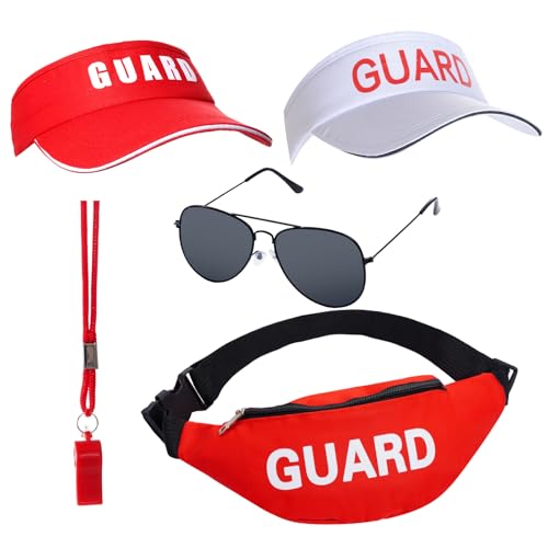 Rbenxia 5-teiliges Wachenkostüm-Set, Bauchtasche, roter und weißer Schutzhut, rote Pfeife, Sonnenbrille für Damen und Herren, schlechte Halloween-Party und Strandverkleidung Rbenxia 5-teiliges Wachenkostüm-Set, Bauchtasche, roter und weißer Schutzhut, rote Pfeife, Sonnenbrille für Damen und Herren, schlechte Halloween-Party und Strandverkleidung von Rbenxia