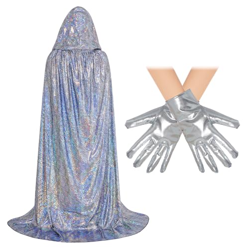 Rbenxia Silberfarbener glänzender Kapuzenumhang mit glänzenden Metallic-Spandex-Handschuhen, Unisex, volle Länge, Umhang, Party, Robe, Umhang, Karneval, Halloween, Weihnachtskostüm für Damen und Rbenxia Silberfarbener glänzender Kapuzenumhang mit glänzenden Metallic-Spandex-Handschuhen, Unisex, volle Länge, Umhang, Party, Robe, Umhang, Karneval, Halloween, Weihnachtskostüm für Damen und von Rbenxia