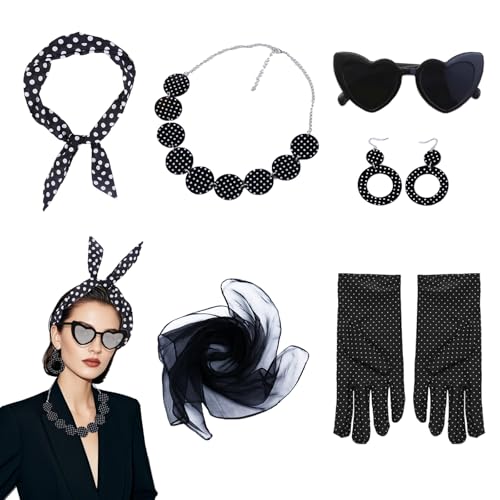 8 Stück Rockabilly Accessoires 50er Jahre, Black And White Party outfit, 50er Jahre Damen Set Chiffon Cchal Katzenauge Brille Polka Dot Stirnband Ohrringe Handschuhe Halskette Retro Teily Party von Rbleote