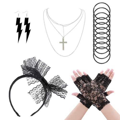 80er Jahre Outfit Damen,5 Stücke Damen 80er Jahre Outfit Accessoires, Schwarz Retro Party Set,Spitze Stirnband Ohrringe Fischnetz Handschuhe, Halskette Armband füR Karneval Fasching Mottoparty von Rbleote