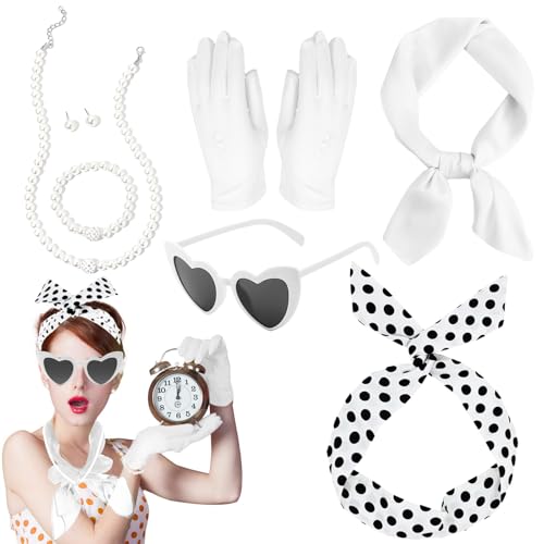 9 Stück Rockabilly Accessoires Damen für Karneval Party, 50er Jahre Accessoires Damen, Vintage Kostüm Zubehör mit Chiffon Schal, Handschuhen, Sonnenbrille, Polka Dot Stirnband, Perlenschmuck(Weiß) von Rbleote