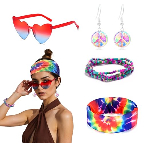 Rbleote Hippie Accessoires, Hippie Kostüm Herren, Beinhaltet Brillen, Armbänder, Kopftücher und Ohrringe, Unisex, Geeignet für Karnevals-Mottopartys Sowie 60er- und 70er-Jahre-Partys von Rbleote