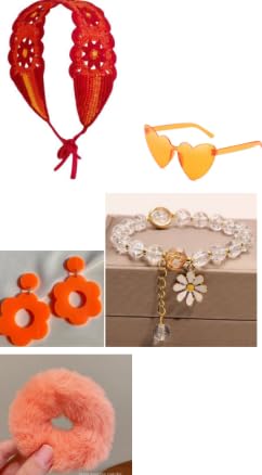 Rbleote Hippie Kostüm Damen, Flower Power Accessoires, Inklusive Stirnband, Brille, Ohrringen, Armband, Haarreif, 70er-Jahre-Kostüm für Damen, Perfekt für Alltagspartys Usw (Orange) von Rbleote