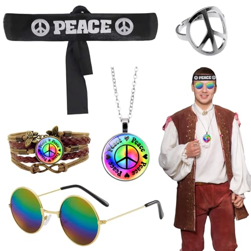 Rbleote Hippie Kostüm Herren, 5 Stück 70er Jahre Outfit Herren, Hippie Kostüm 60er 70er Jahre Retro Kostüm Accessoires Damen Karneval Mottoparty Festival von Rbleote