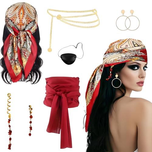 Rbleote Piratenkostüm Damen mit Zubehör,Piratenkostüm,mit 6 Stück Piraten Accessoires Damen,Piraten Kopftuch, Taillenkette, Haarschmuck, Ohrringe für Halloween Karnevals Party（Rot von Rbleote