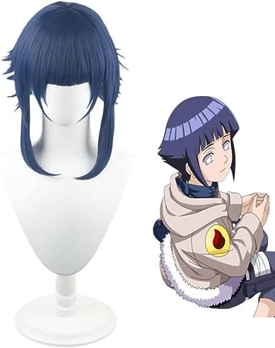 Anime Hyuga Hinata Cosplay Perücke, Damen blaue Kurzhaar perücken mit Pony Halloween Kostüm Party perücken mit kostenloser Perücken kappe von Rcrllya