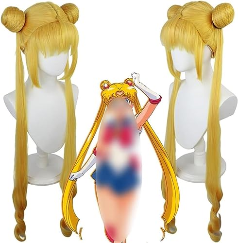 Rcrllya Anime Sailor Moon Tsukino Usagi Cosplay Perücke, Damen Golden Doppel Schachtel Halm langes Haar mit Perücken Kappe, für Halloween, Kostüm Party, Karneval von Rcrllya
