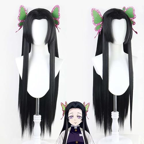 Rcrllya Kochou Kanae Perücke Anime Dämon Slayer Cosplay Kimetsu Keine Yaiba Perücke Schwarz Lange Haare Schmetterling Headwear Frauen Halloween Perücken Requisiten von Rcrllya