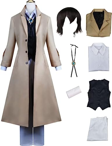 Rcrllya Anime Bungou Streunende Hunde Dazai Osamu Cosplay Kostüm Outfit Nikolai Gogol Umhang Uniform Voll Set Männer Jungen Halloween Party Karneval Anzug mit Perücke (Kostüm und Perücke,XL) von Rcrllya