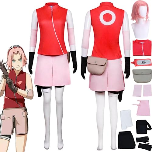 Rcrllya Anime Charakter Haruno Sakura Cosplay Kostüm Outfit Rolle Spielen Rot Uniform Full Set Halloween Carnival Party Anzug mit Perücke (Kostüm +Perücke,S) von Rcrllya