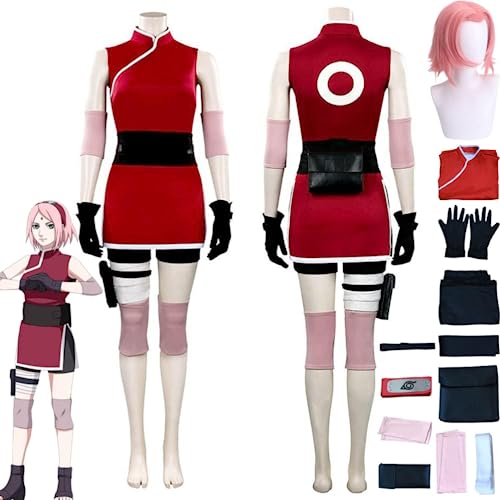 Rcrllya Anime Charakter Haruno Sakura Cosplay Kostüm Outfit Rolle spielen Rot Uniform Full Set Halloween Carnival Party Anzug mit Perücke (Kostüm+ Perücke,M) von Rcrllya