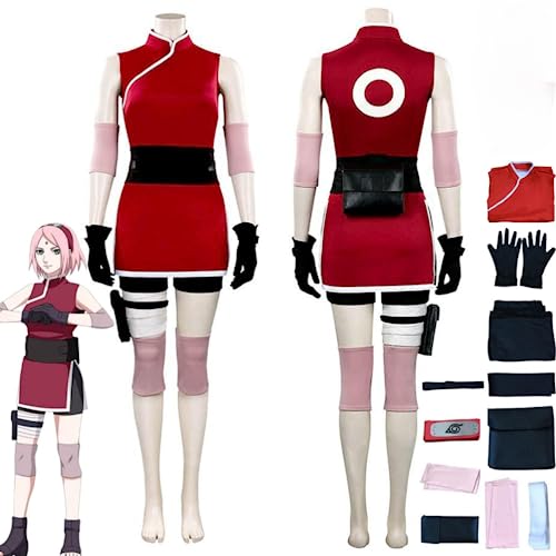 Rcrllya Anime Charakter Haruno Sakura Cosplay Kostüm Outfit Rolle Spielen Rot Uniform Full Set Halloween Carnival Party Anzug mit Perücke (Kostüm,M) von Rcrllya