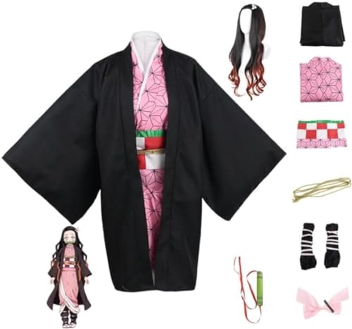 Rcrllya Anime Cosplay Dämon Slayer Kostüm für Kamado Nezuko Outfit Halloween Kimono Maid Kleid Uniform mit Perücke (Set Perücke,M) von Rcrllya